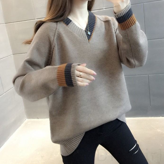 ファッションフェミニンVネックプルオーバー配色セーター・カットソー