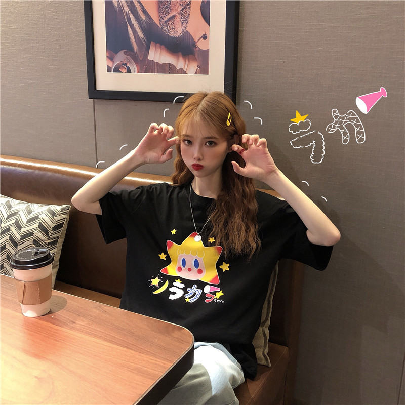 2019夏季新款韩版ulzzang宽松学生上衣可爱卡通图案印花短袖T恤女