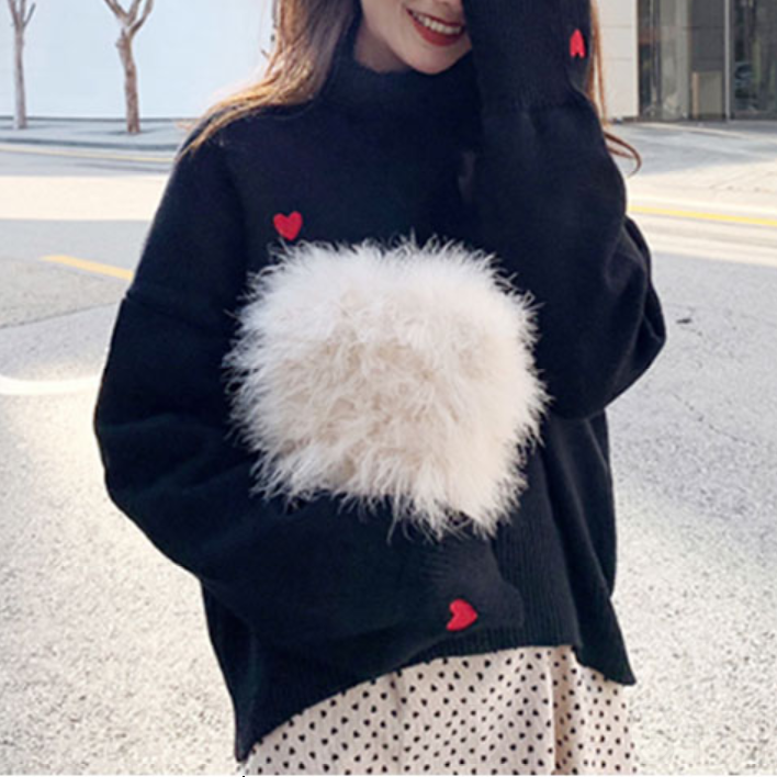 シンプルカジュアル韓国系ハイネックプルオーバー刺繍プリントセーター・カットソー