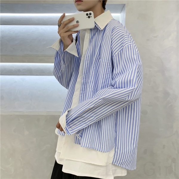 シンプルファッション韓国系折襟ストライプ柄トップス