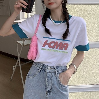 通販 ファッション 韓国系 女性大人気 キュート プルオーバー アルファベット 半袖 ラウンドネック Tシャツ