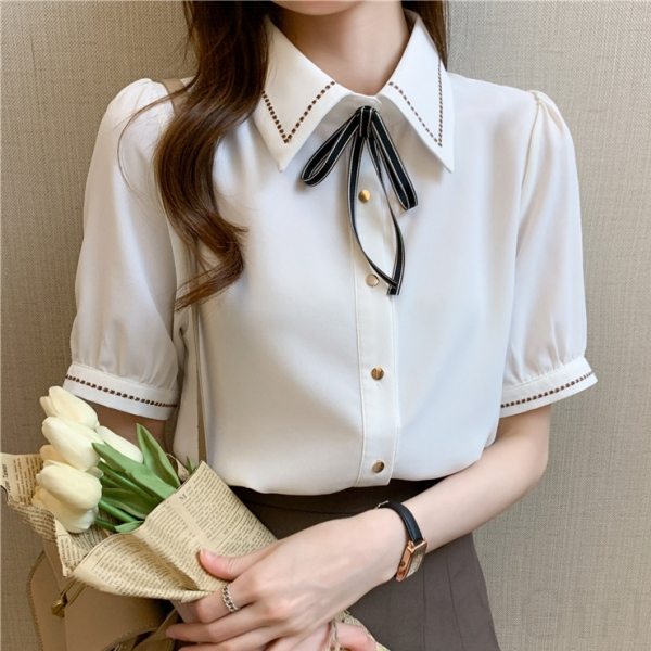 シンプル通勤/OL折襟リボン刺繍カジュアル・シフォンブラウス