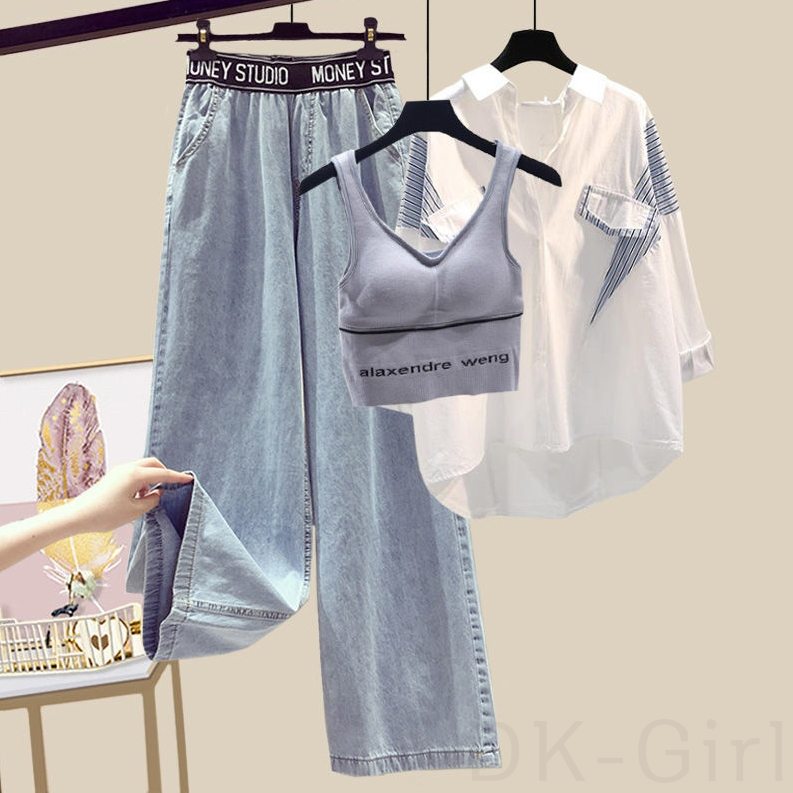グレー/キャミソール+ホワイト/シャツ+ブルー/パンツ