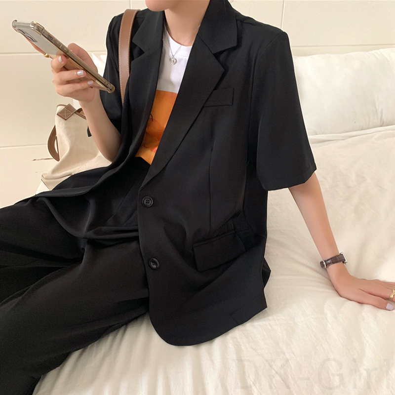 ポリエステル半袖ファッション韓国系ショート丈夏折襟シングルブレストブラックパープルハイウエスト無地ボタンなしセットアップ