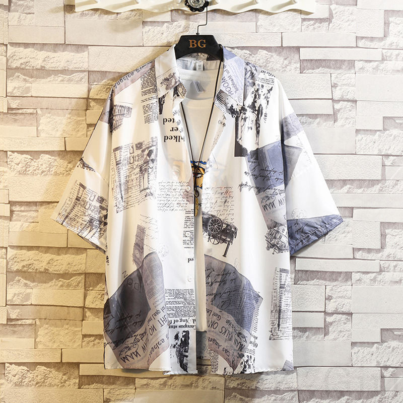 ポリエステルシンプル韓国系一般一般春夏折り襟シングルブレスト配色プリントボタン五分袖アウター