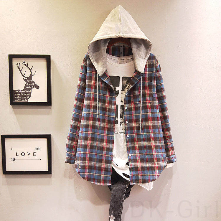 シンプル韓国系フード付きシングルブレストチェック柄配色なしジャケット