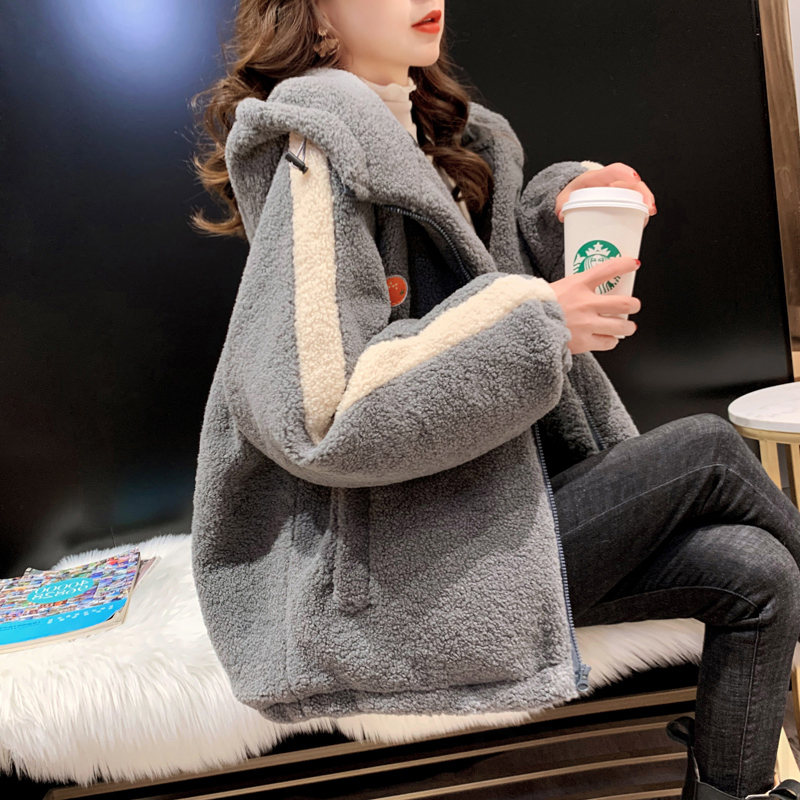 長袖ファッションカジュアル韓国系一般ショート丈秋冬フード付きジッパー写真通り刺繍配色ラムウール