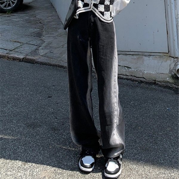 デニムファッションカジュアル韓国系オールシーズンプリントハイウエストレギュラー丈ストライプ柄ボタンデニムパンツ