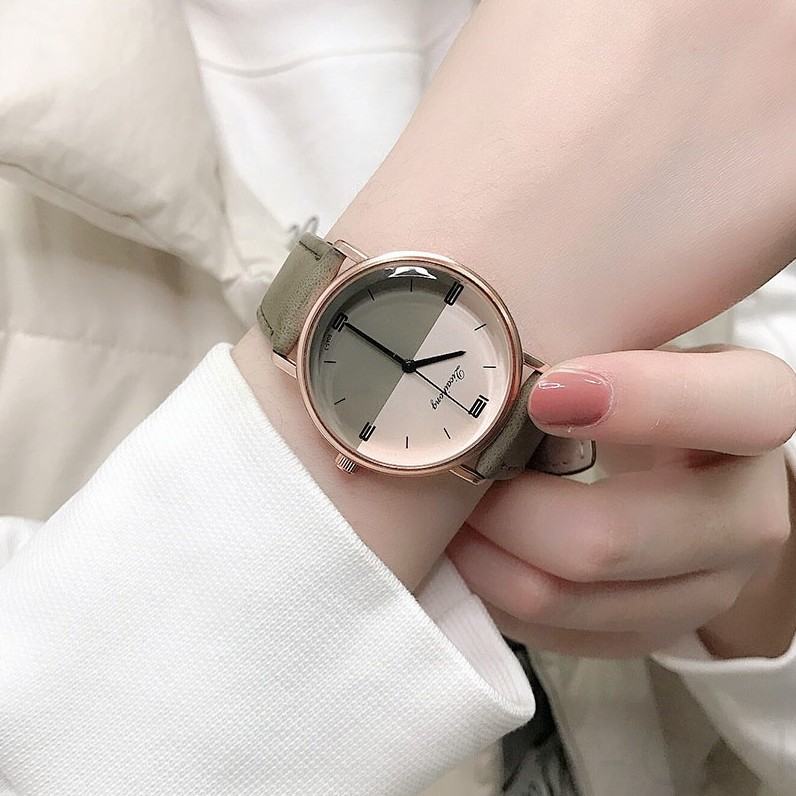 ファッションカジュアルシンプル防水深度30ｍ合成皮革クォーツ時計配色縁取りラウンドグリーン系ブラック系ピンク系合金腕時計
