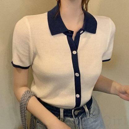 半袖シンプル韓国系ショート丈夏折襟シングルブレスト切り替え20~30代配色長袖Ｔシャツ