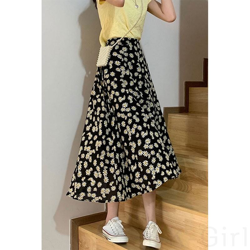 ポリエステルファッションカジュアル韓国系すね丈夏ブラックプリント20~30代ハイウエストAライン小柄スカート