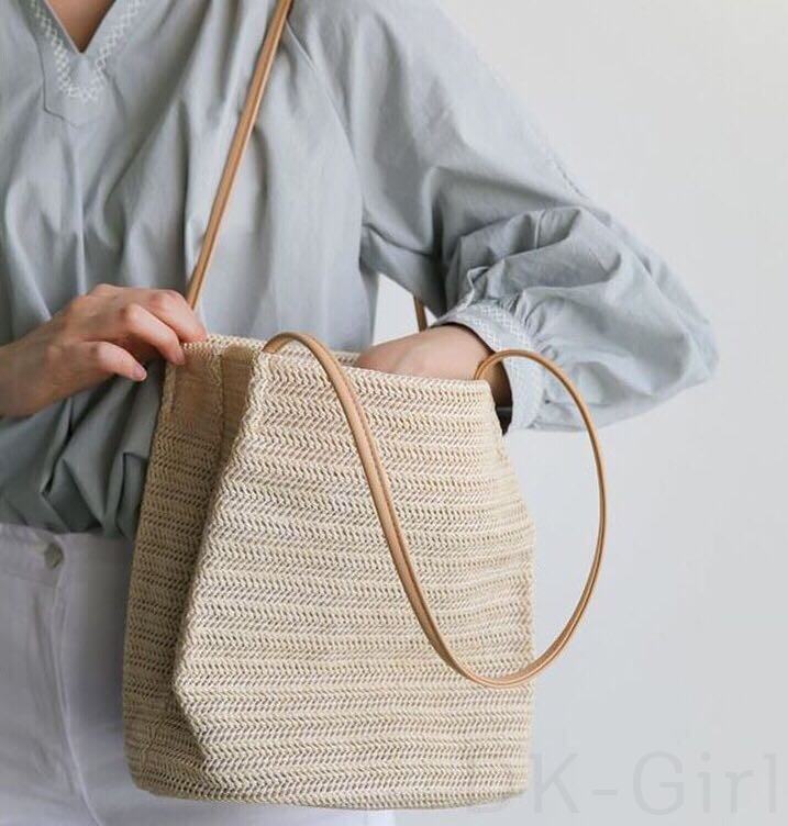 夏草編みマグネットハンドバック肩掛け無地ファッション切り替えバッグ