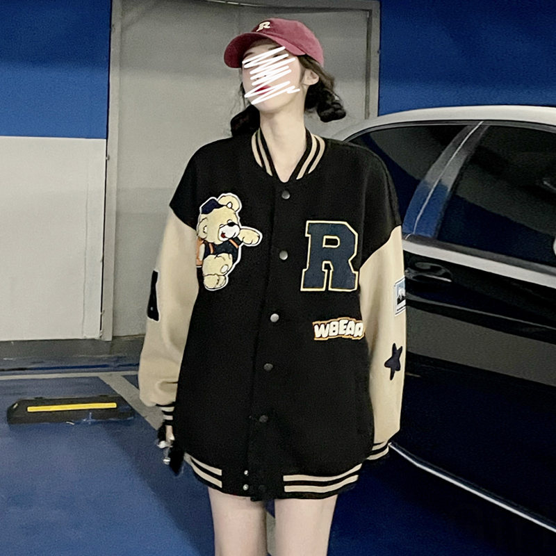 ファッションカジュアルレトロ学園風ストリート系定番スポーツ韓国系フェミニンロングスタンドネックボタンプリントプリントボタンジャケット