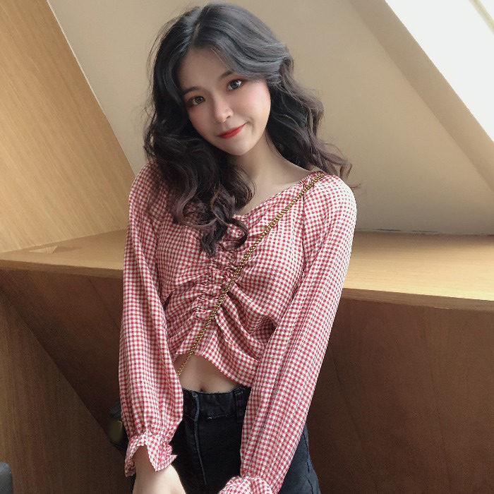韓国ファッションVネックギャザー飾りスピーカースリーブシャツ