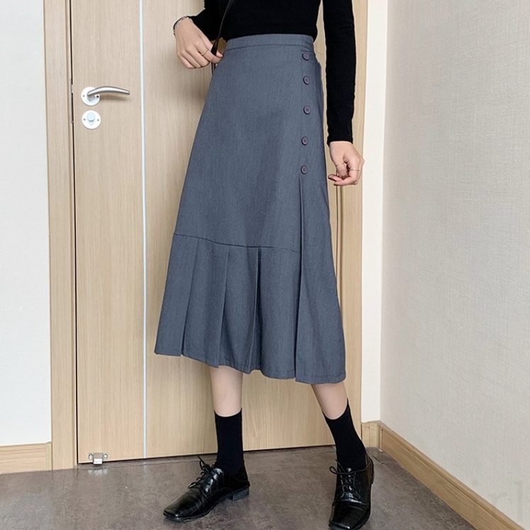 ファッション韓国系オールシーズンブラックグレー切り替えギャザー飾り10~20代20~30代ハイウエストAライン無地ボタンスカート