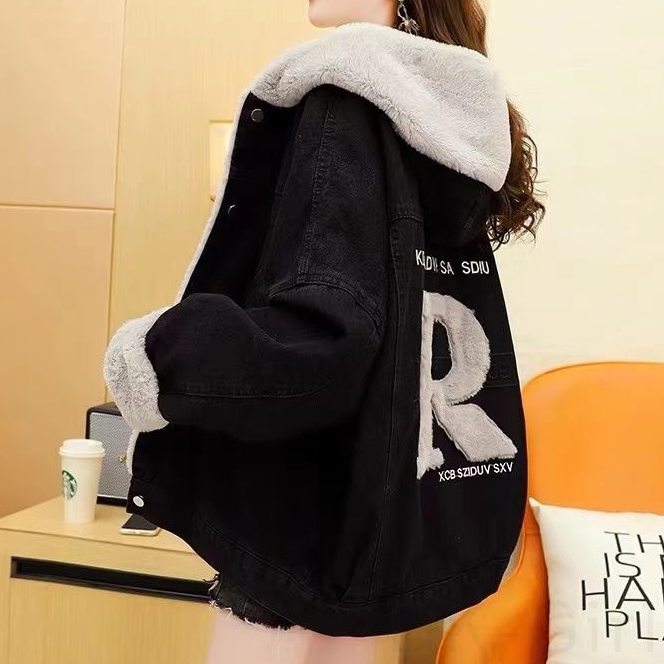 デニム一般韓国系シングルブレスト一般ファッション長袖10~50代アルファベット秋冬切り替え写真通りフード付きジャケット
