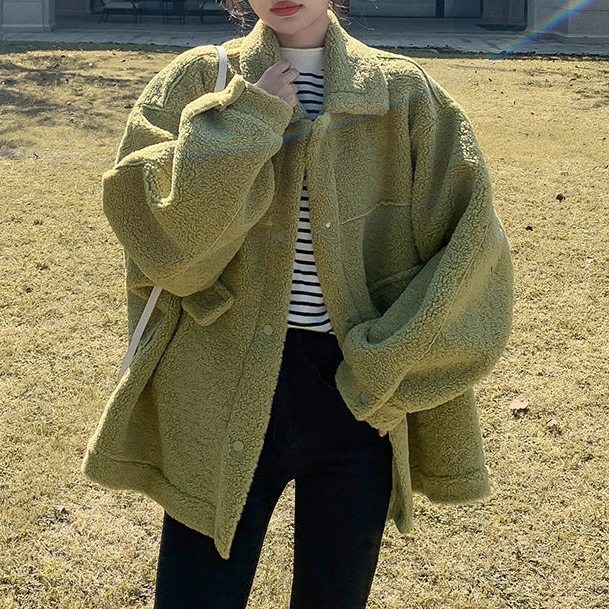 ファッションカジュアル通勤/OLスウィート韓国系折り襟シングルブレスト無地ボタン綿コート