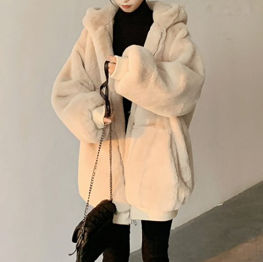 ポリエステル長袖韓国系フェミニン膝上秋冬フード付きジッパーブラックアプリコットなしジャケット
