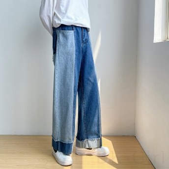 デニムファッションストリート系韓国系切り替えレギュラーウエストレギュラー丈配色デニムパンツ