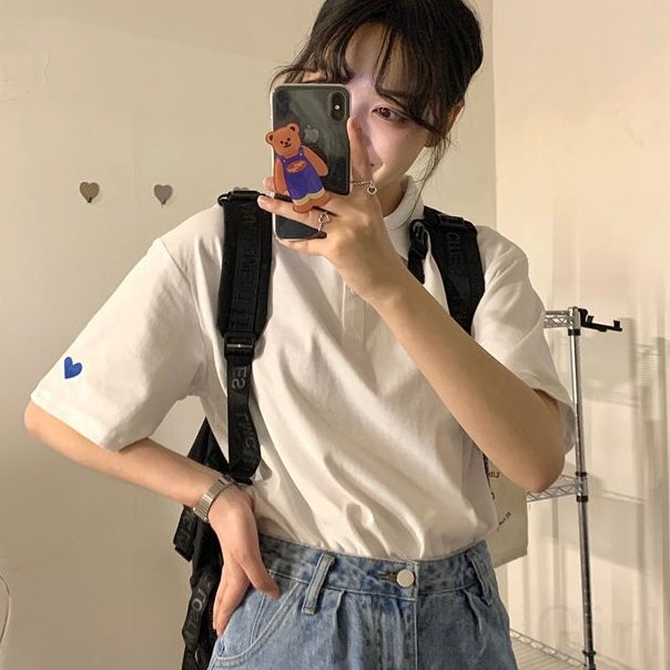 【大人可愛い】シンプル 韓国 通販 安い ファッション POLOネック プルオーバー 刺繍 無地 半袖Ｔシャツ