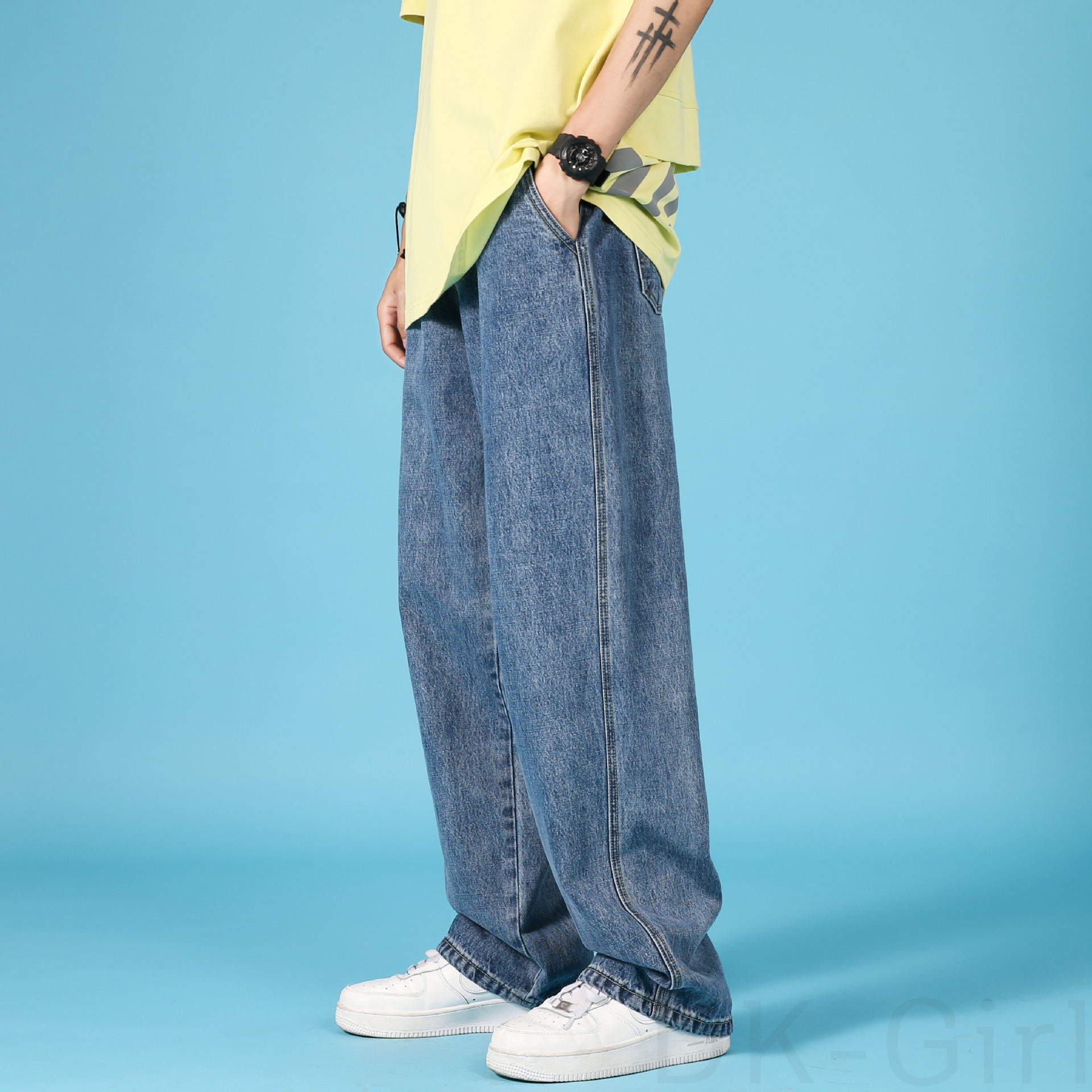 デニムファッションカジュアル韓国系レギュラーウエストレギュラー丈無地なしデニムパンツ