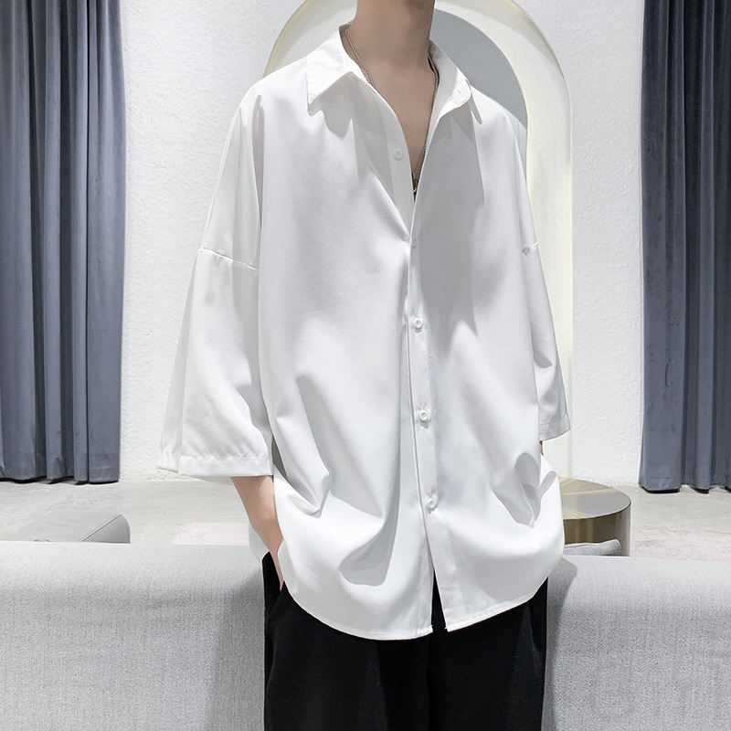 ポリエステル半袖ファッションカジュアル韓国系一般ショート丈折り襟シングルブレスト無地なしシャツ