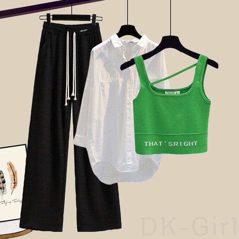ホワイト/シャツ+ブラック/パンツ+グリーン/キャミソール