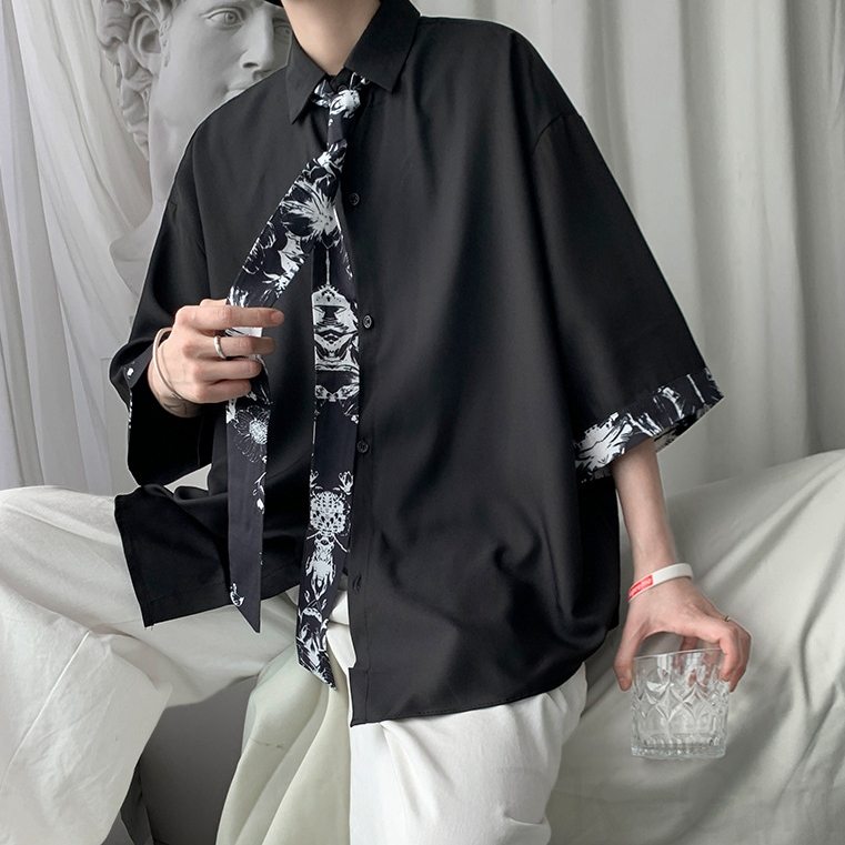 黒 シャツ メンズファッション一般一般折り襟シングルブレスト切り替えプリント配色五分袖シャツ