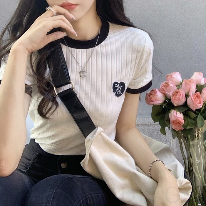 ポリエステル半袖ファッション通勤/OLスウィート韓国系一般一般ラウンドネックプルオーバー切り替え刺繍アルファベット長袖Ｔシャツ