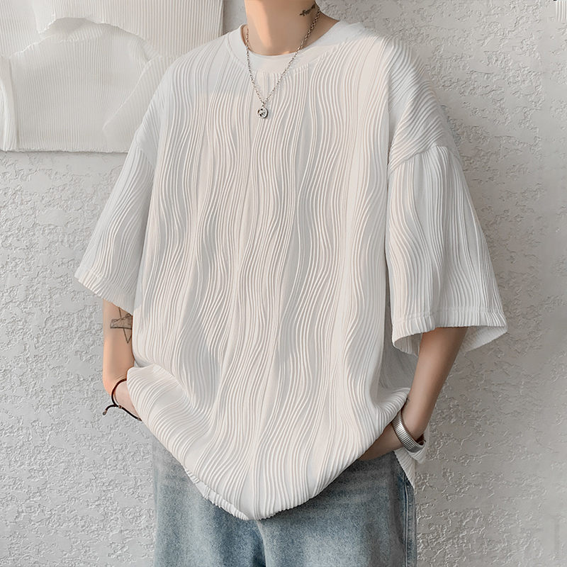 コットン 半袖 ファッション 韓国系   夏 ラウンドネック プルオーバー 無地 ストライプ柄 Tシャツ・POLOシャツ