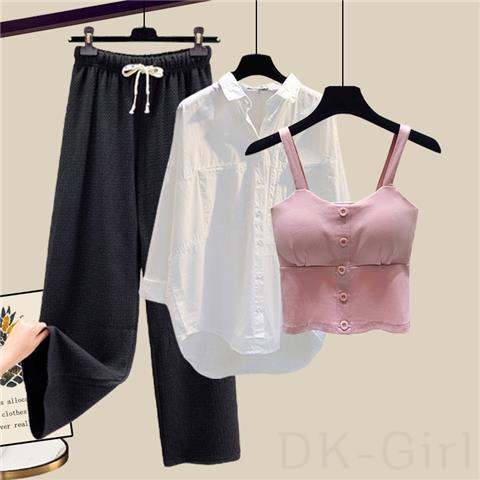 ピンク/キャミソール+ホワイト/シャツ+ブラック/パンツ