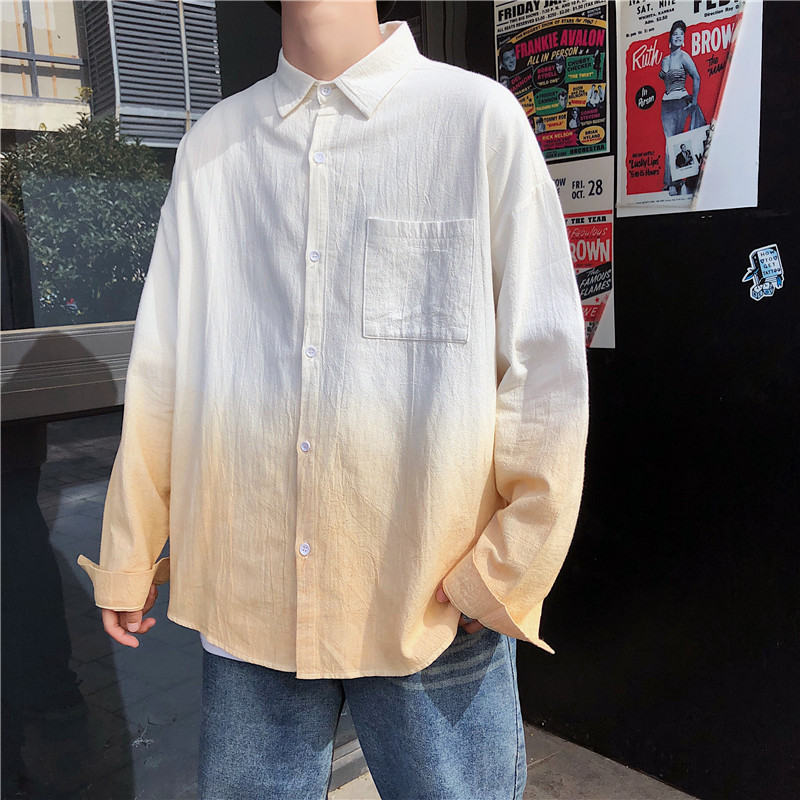  ポリエステル 長袖 シンプル 一般 一般 折り襟 シングルブレスト 切り替え グラデーション色シャツ
