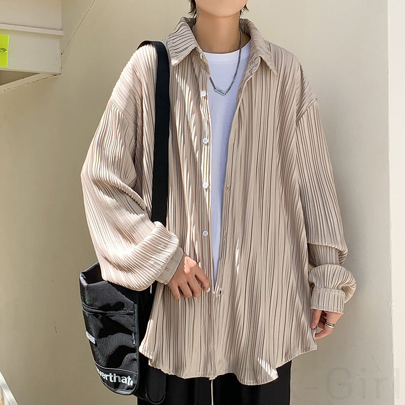  ポリエステル 長袖 ファッション カジュアル 韓国系 一般 一般 折り襟 シングルブレスト ギャザー 無地 ストライプ柄シャツ