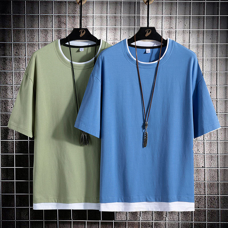  ポリエステル 半袖 シンプル ファッション カジュアル 一般 一般 春 夏 ラウンドネック プルオーバー 切り替え 配色 レイヤード / 重ね着風Tシャツ・POLOシャツ