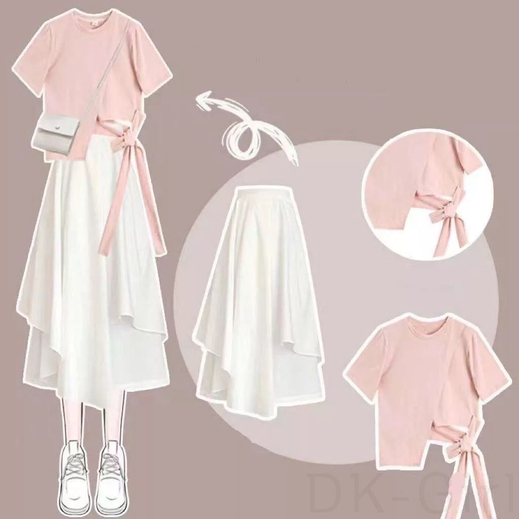 ピンク/Ｔシャツ+ホワイト/スカート