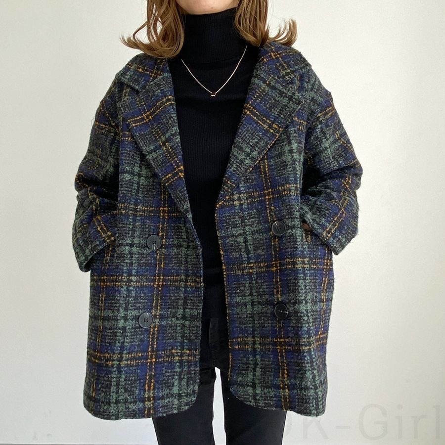 その他 長袖 シンプル 定番 一般 一般 冬 折襟 ダブルブレスト チェック柄 なしロング丈コート・ジャケット