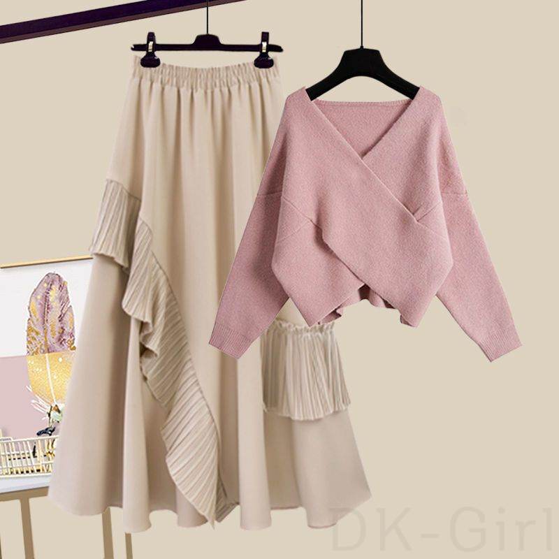 ピンク/セーター+アプリコット/スカート