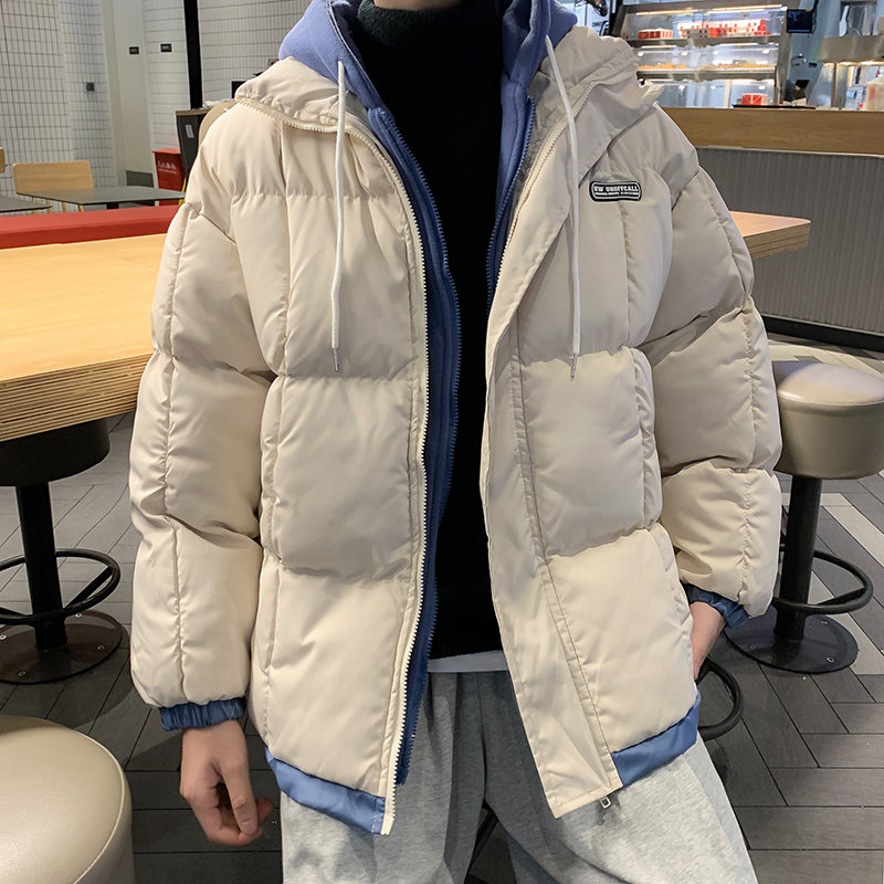  長袖 ストリート系 韓国系   秋冬 フード付き ジッパー 配色 レイヤード / 重ね着風綿コート・ダウンジャケット