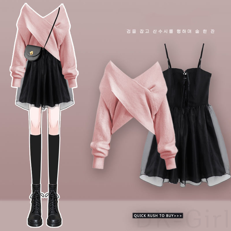 ピンク/セーター+ブラック/ワンピース