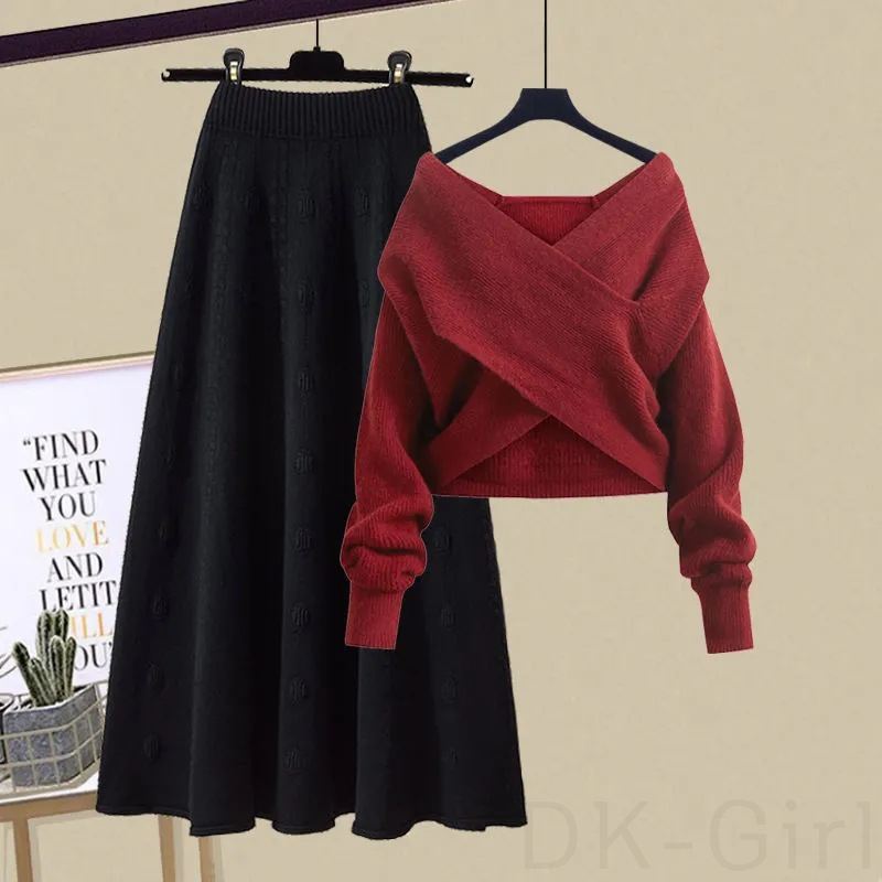 レッドセーター+ブラックスカート/セット