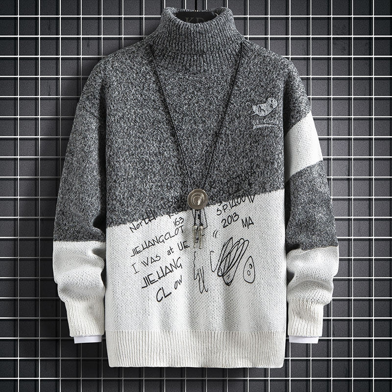  ニット 長袖 韓国系 一般 一般 ハイネック プルオーバー プリント 配色 プリント 落書きセーター