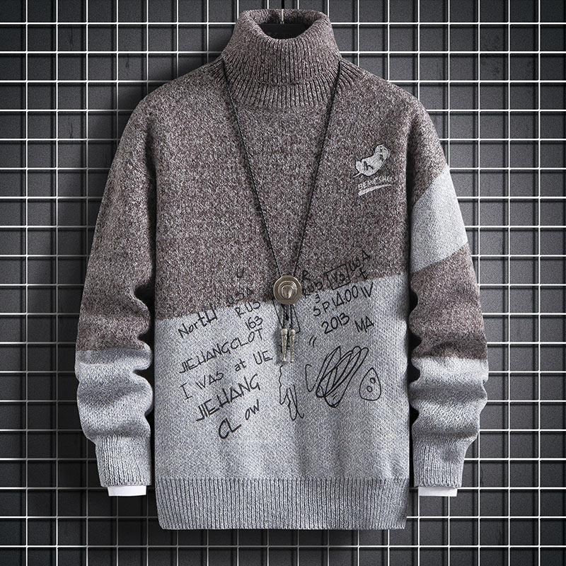  ニット 長袖 韓国系 一般 一般 ハイネック プルオーバー プリント 配色 プリント 落書きセーター
