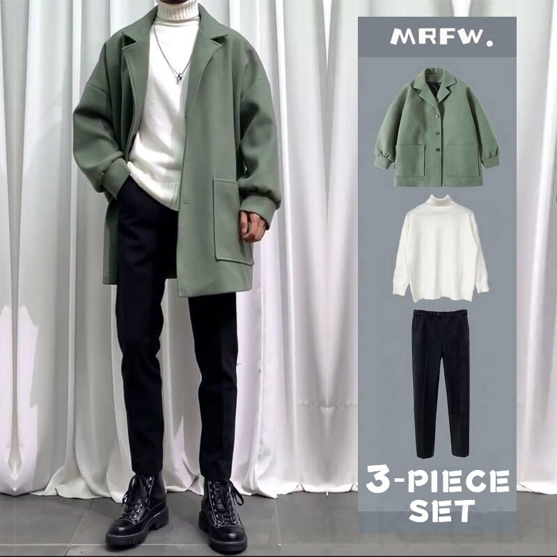 グリーン/コート+ホワイト/セーター+ブラック/パンツ