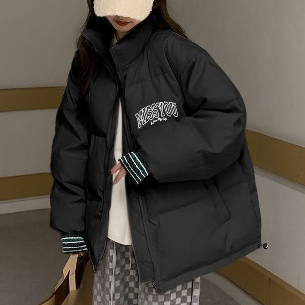 長袖ファッションスウィートストリート系韓国系スタンドネックジッパーファスナーアルファベット防寒綿コート