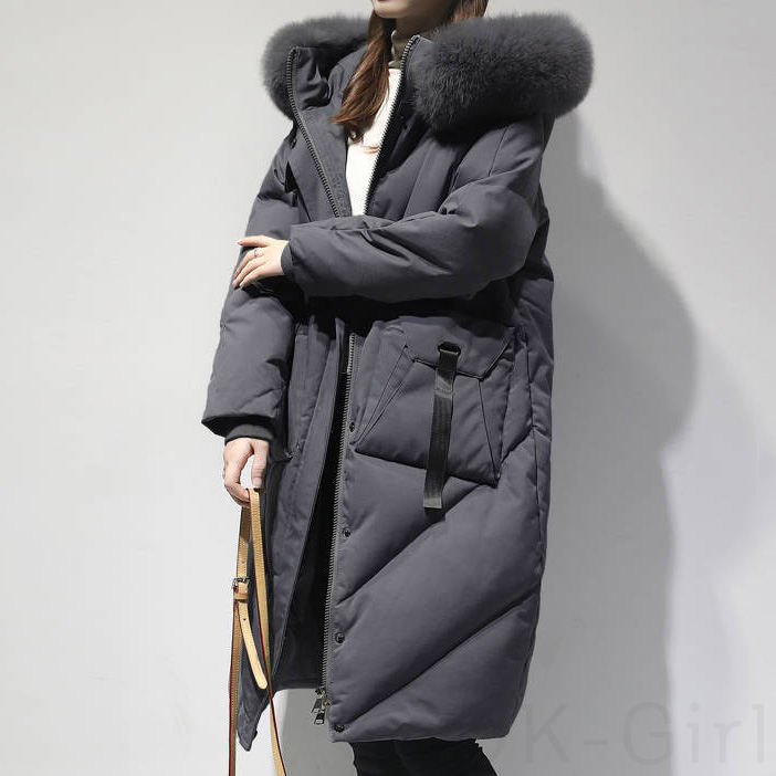 長袖 シンプル ファッション 一般 ロング 冬 フード付き ジッパー ファスナー 無地ダウンジャケット
