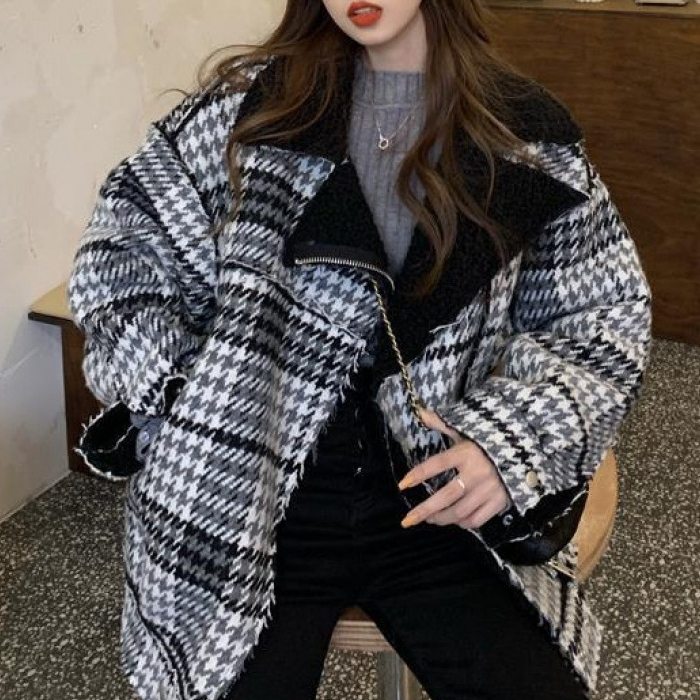 長袖シンプルファッションスウィートストリート系韓国系折り襟ジッパー切り替えチェック柄綿コート