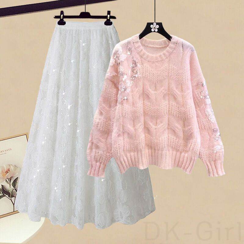 ピンク/セーター+ホワイト/スカート