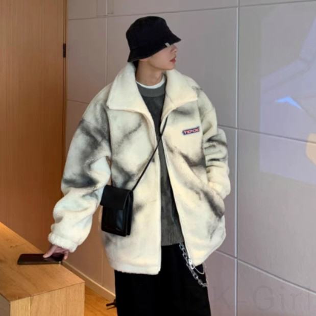  長袖 ストリート系 韓国系   冬 秋 スタンドネック ジッパー アルファベット  ラムウール 絞り染めジャケット