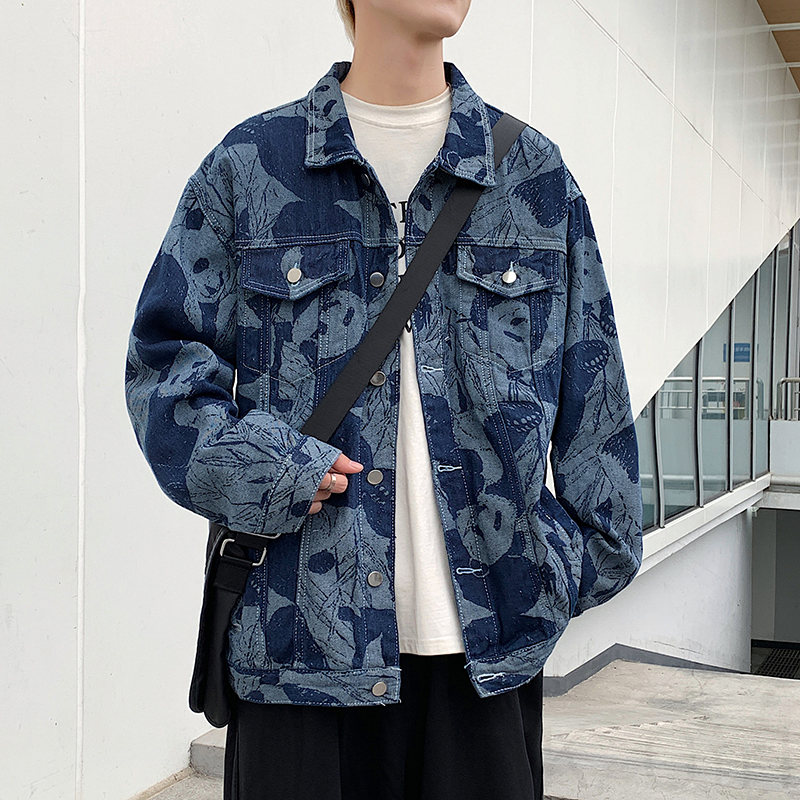  デニム 長袖 ファッション ストリート系 韓国系   春秋 折り襟 ボタン プリント ジャケット