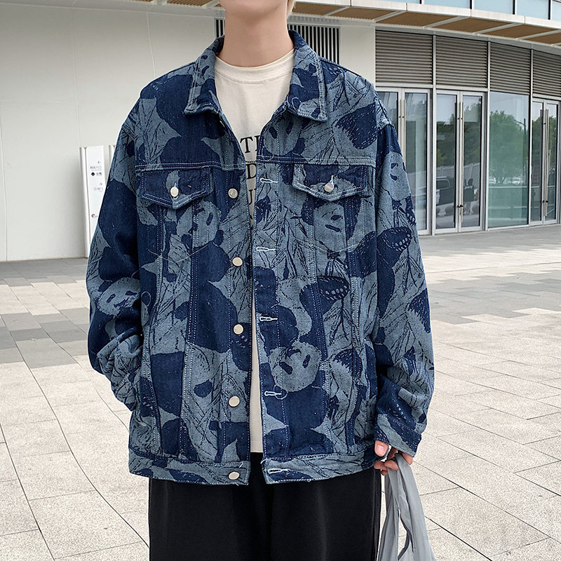  デニム 長袖 ファッション ストリート系 韓国系   春秋 折り襟 ボタン プリント ジャケット